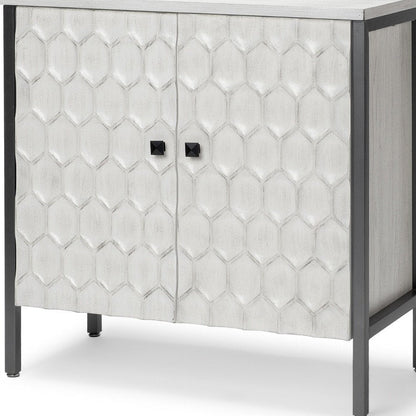32" White and Gray Wood and Metal Carved Geometric Accent Cabinet With Two Doors HomeRoots