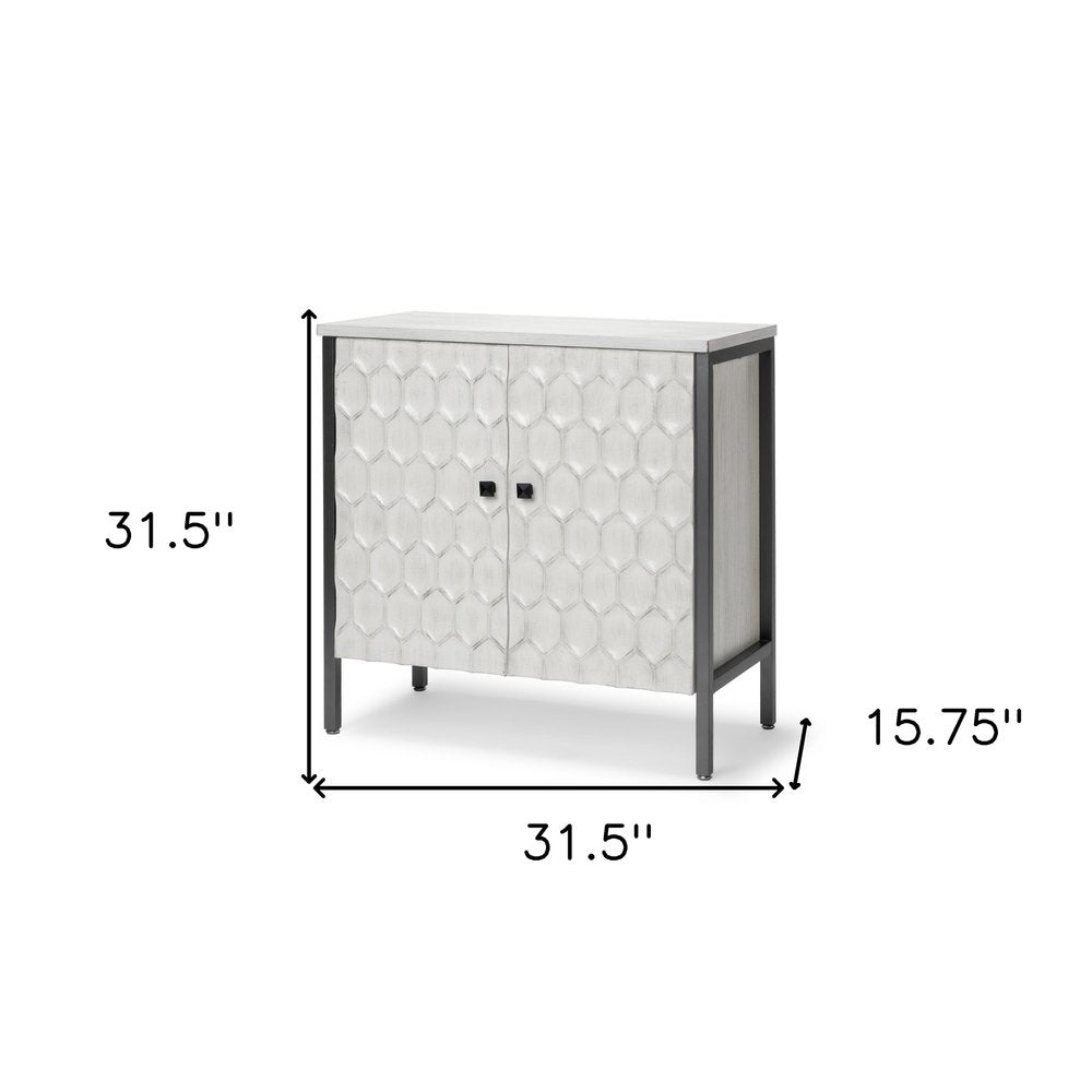 32" White and Gray Wood and Metal Carved Geometric Accent Cabinet With Two Doors HomeRoots