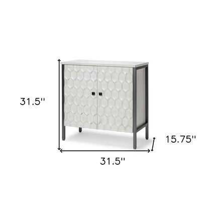 32" White and Gray Wood and Metal Carved Geometric Accent Cabinet With Two Doors HomeRoots