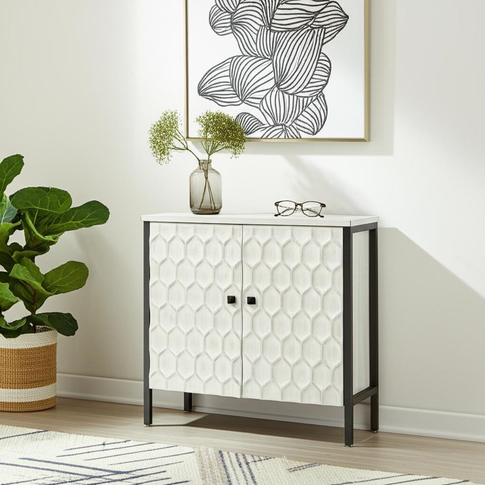 32" White and Gray Wood and Metal Carved Geometric Accent Cabinet With Two Doors HomeRoots