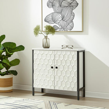 32" White and Gray Wood and Metal Carved Geometric Accent Cabinet With Two Doors HomeRoots