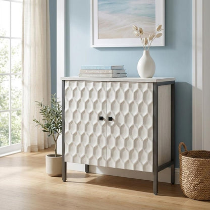 32" White and Gray Wood and Metal Carved Geometric Accent Cabinet With Two Doors HomeRoots