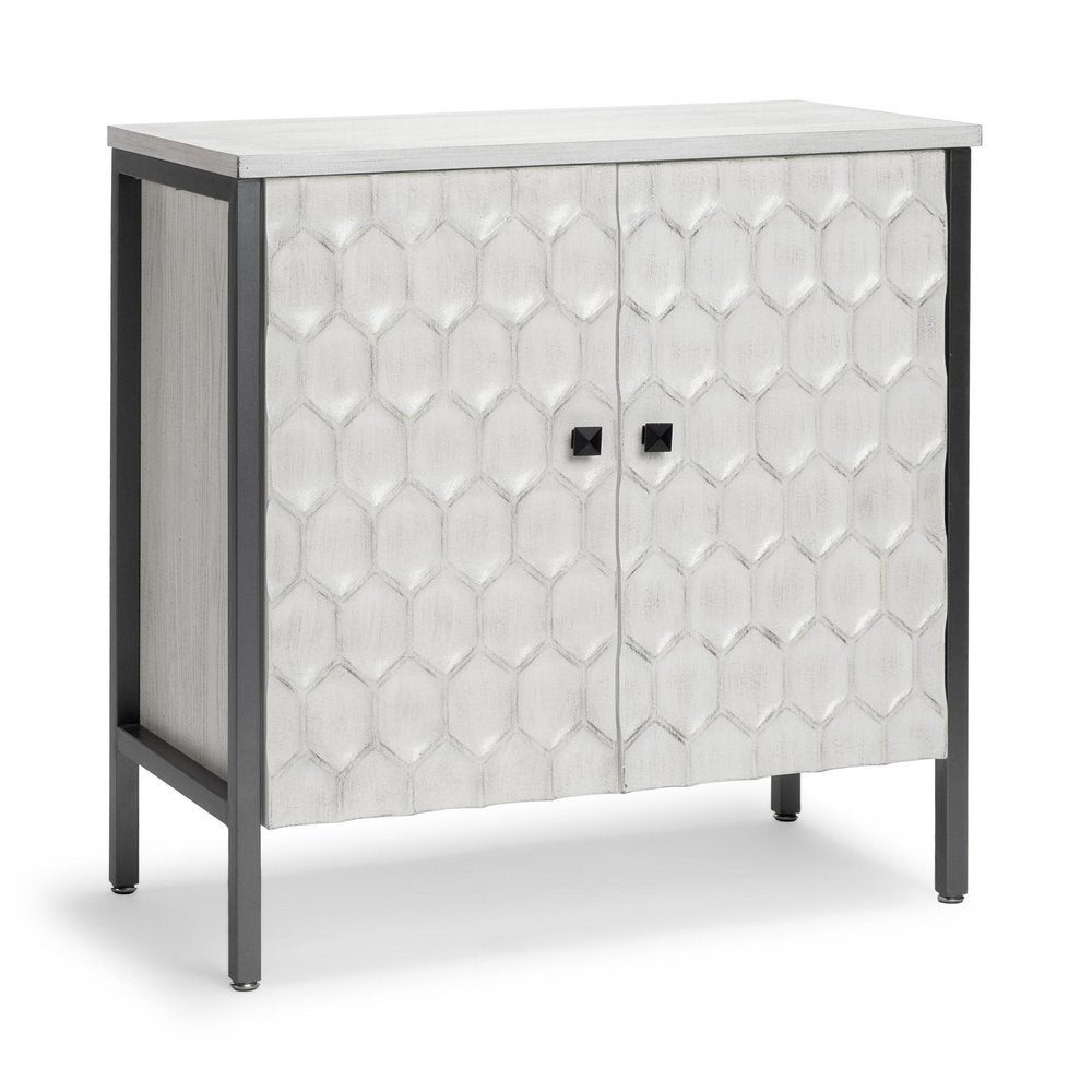 32" White and Gray Wood and Metal Carved Geometric Accent Cabinet With Two Doors HomeRoots