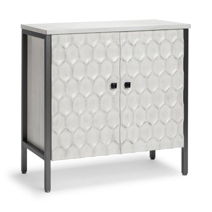 32" White and Gray Wood and Metal Carved Geometric Accent Cabinet With Two Doors HomeRoots