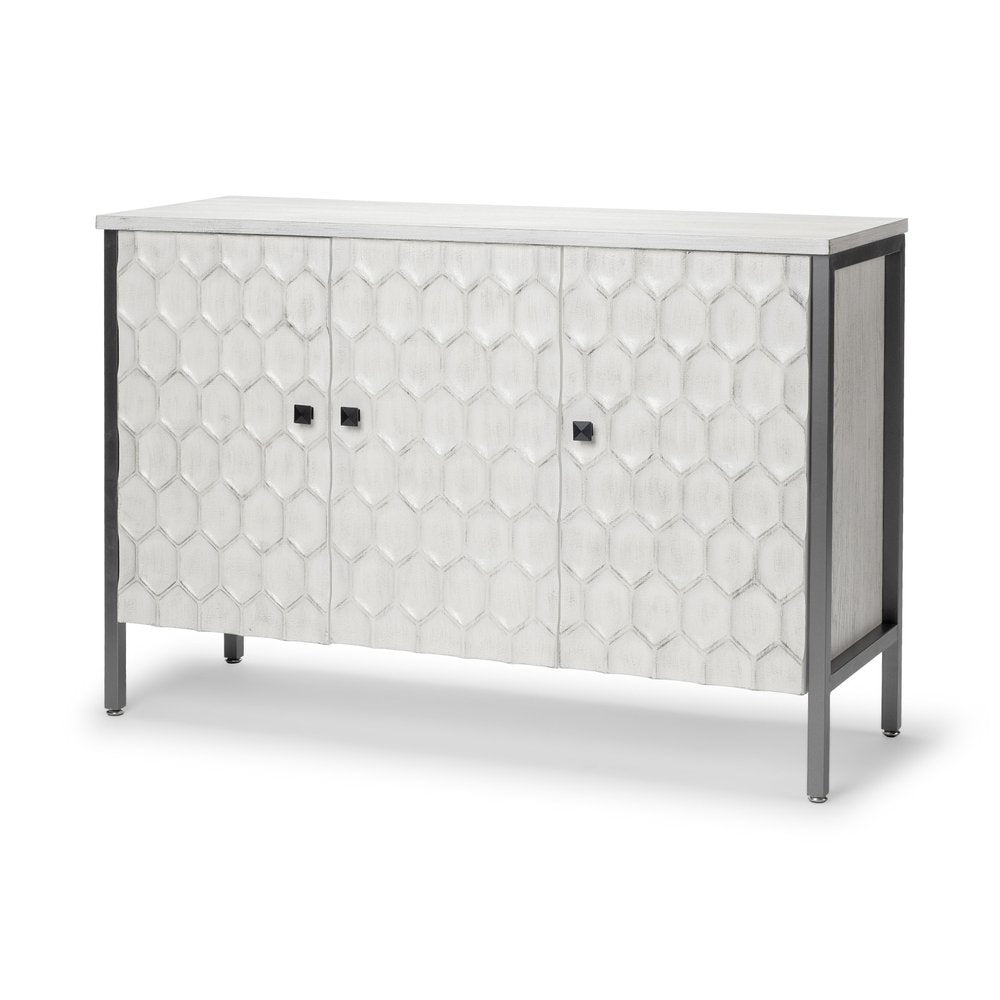 47" White and Gray Wood and Metal Carved Geometric Accent Cabinet With Three Doors HomeRoots