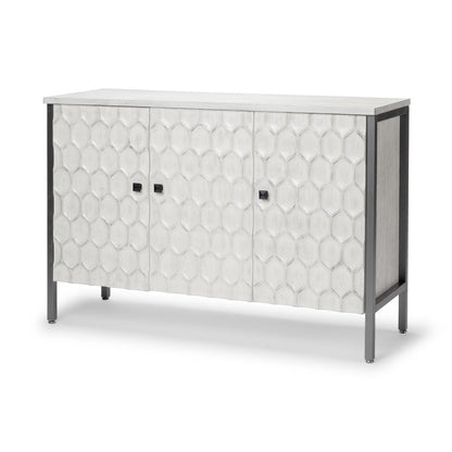 47" White and Gray Wood and Metal Carved Geometric Accent Cabinet With Three Doors HomeRoots