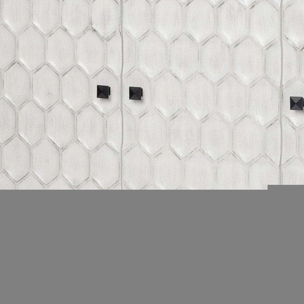 47" White and Gray Wood and Metal Carved Geometric Accent Cabinet With Three Doors HomeRoots
