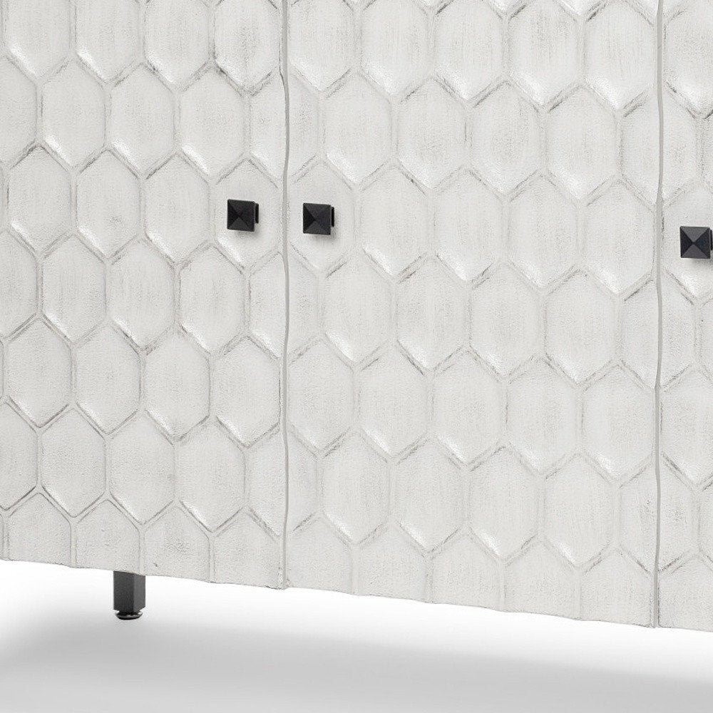 47" White and Gray Wood and Metal Carved Geometric Accent Cabinet With Three Doors HomeRoots