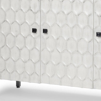 47" White and Gray Wood and Metal Carved Geometric Accent Cabinet With Three Doors HomeRoots