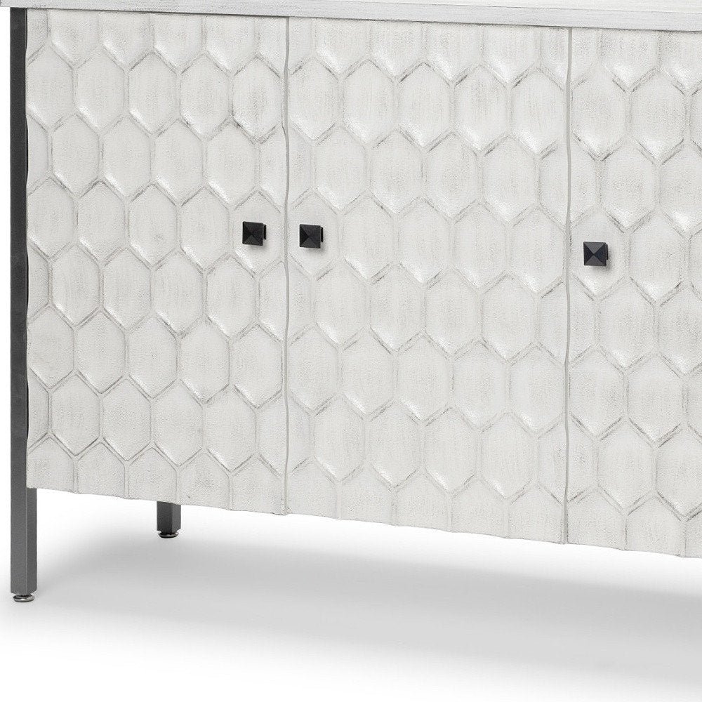 47" White and Gray Wood and Metal Carved Geometric Accent Cabinet With Three Doors HomeRoots