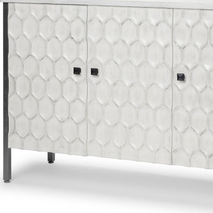 47" White and Gray Wood and Metal Carved Geometric Accent Cabinet With Three Doors HomeRoots