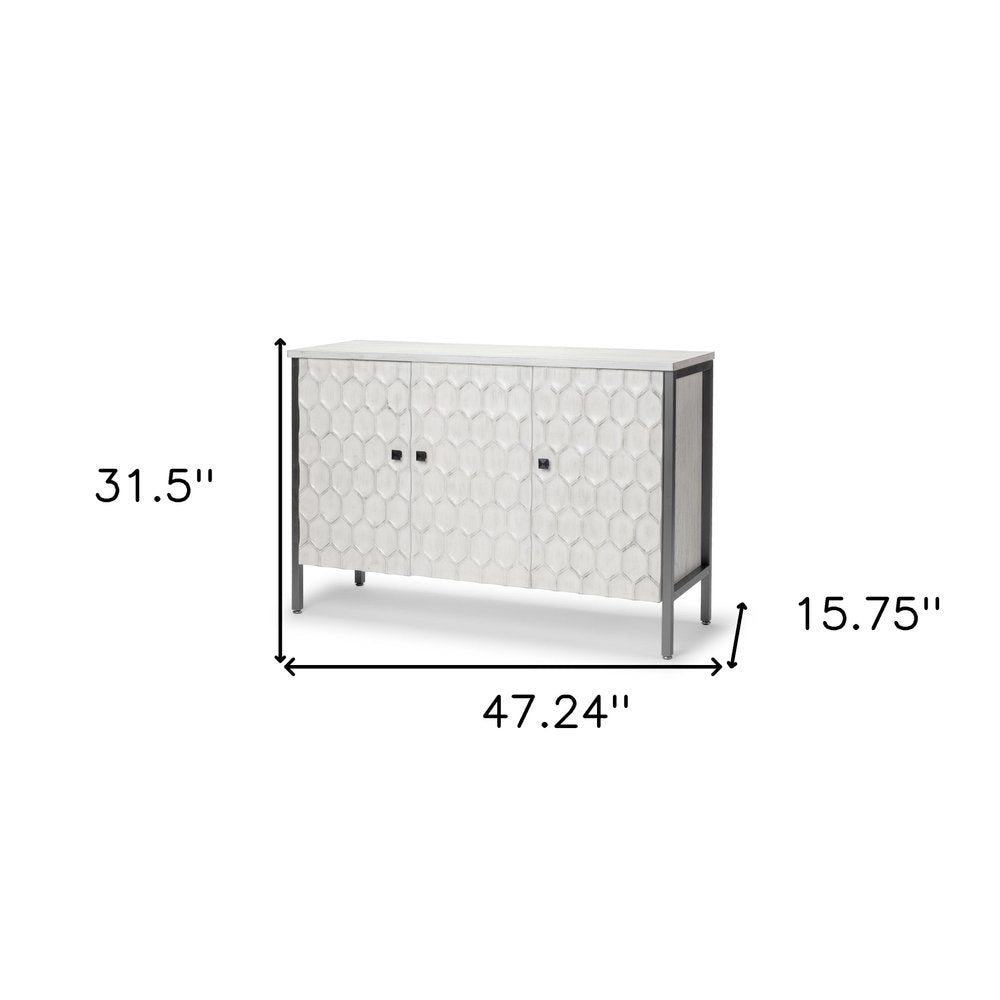 47" White and Gray Wood and Metal Carved Geometric Accent Cabinet With Three Doors HomeRoots