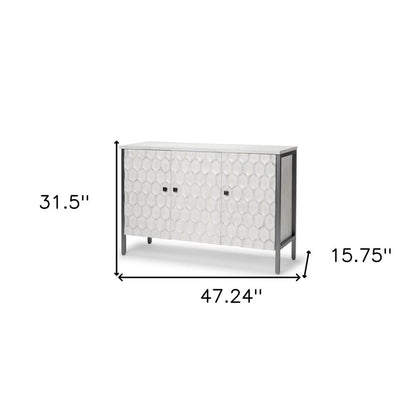47" White and Gray Wood and Metal Carved Geometric Accent Cabinet With Three Doors HomeRoots
