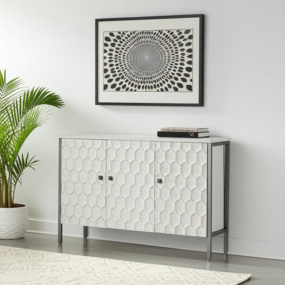 47" White and Gray Wood and Metal Carved Geometric Accent Cabinet With Three Doors HomeRoots