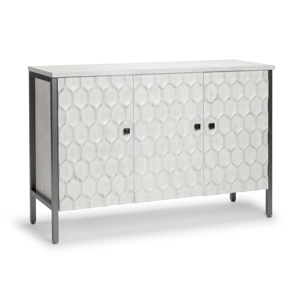 47" White and Gray Wood and Metal Carved Geometric Accent Cabinet With Three Doors HomeRoots