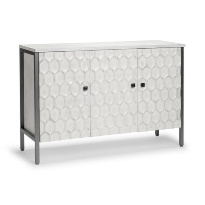 47" White and Gray Wood and Metal Carved Geometric Accent Cabinet With Three Doors HomeRoots
