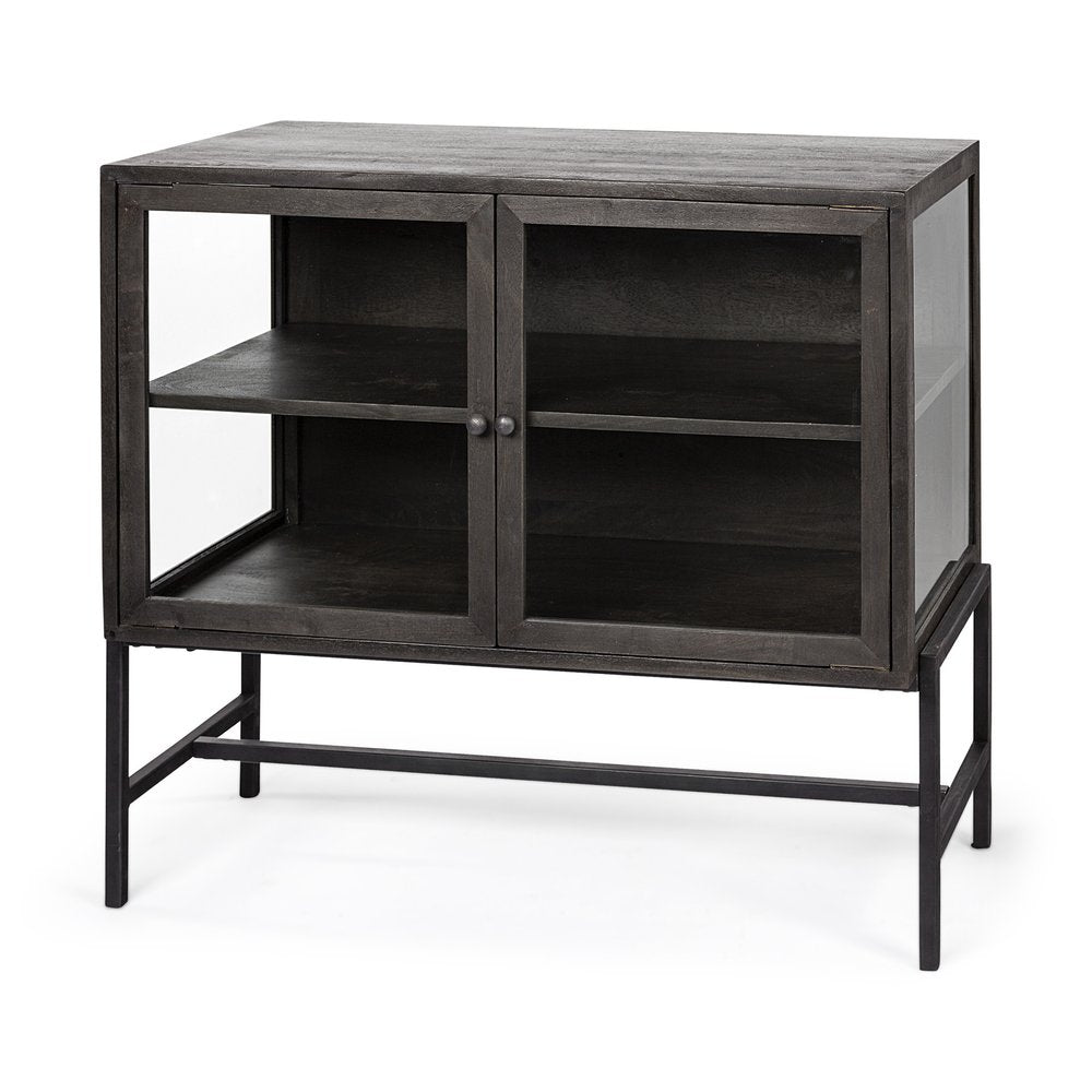 36" Brown and Black Solid Wood and Metal Display Cabinet With Two Doors HomeRoots