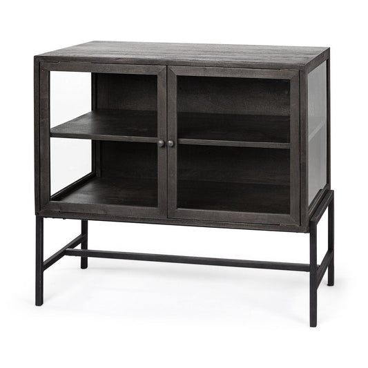 36" Brown and Black Solid Wood and Metal Display Cabinet With Two Doors