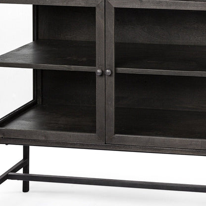 36" Brown and Black Solid Wood and Metal Display Cabinet With Two Doors HomeRoots