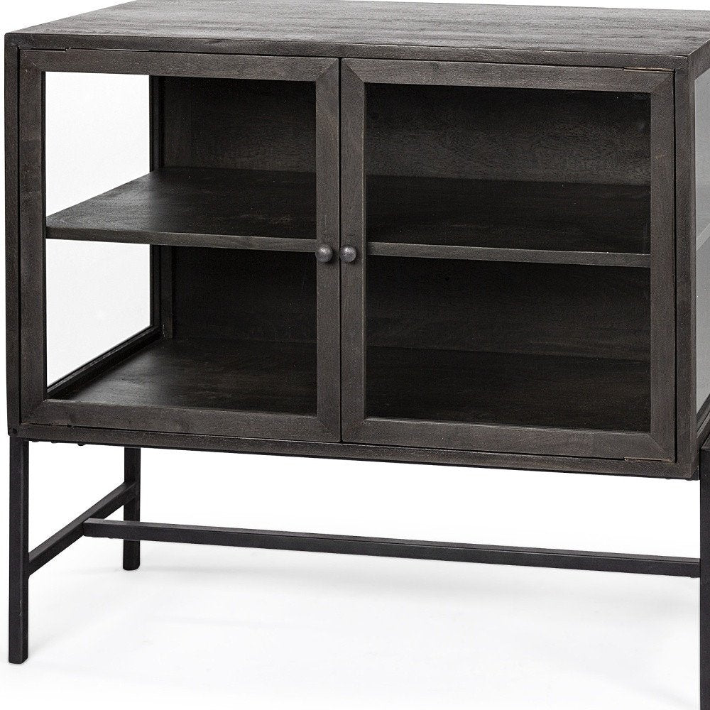 36" Brown and Black Solid Wood and Metal Display Cabinet With Two Doors HomeRoots
