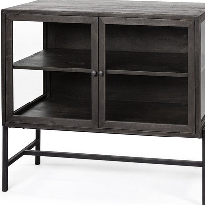 36" Brown and Black Solid Wood and Metal Display Cabinet With Two Doors HomeRoots
