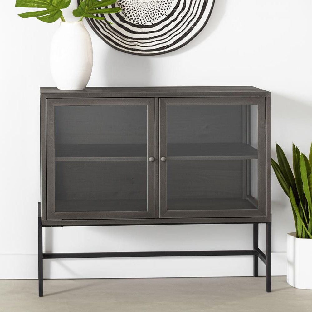 36" Brown and Black Solid Wood and Metal Display Cabinet With Two Doors HomeRoots