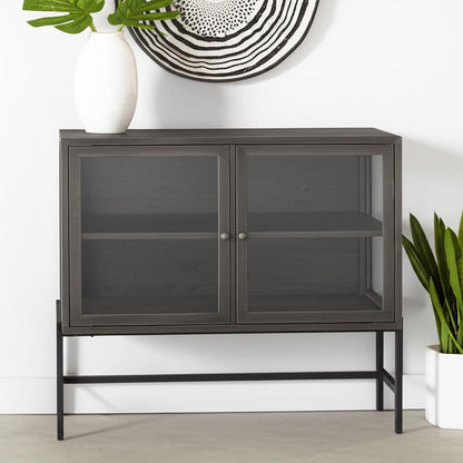 36" Brown and Black Solid Wood and Metal Display Cabinet With Two Doors HomeRoots