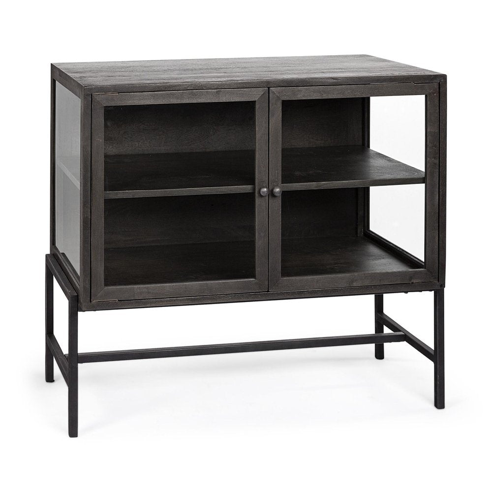 36" Brown and Black Solid Wood and Metal Display Cabinet With Two Doors HomeRoots