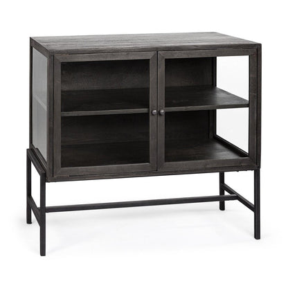 36" Brown and Black Solid Wood and Metal Display Cabinet With Two Doors HomeRoots