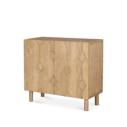 36" Natural Solid Wood Carved Geometric Accent Cabinet With Two Doors HomeRoots