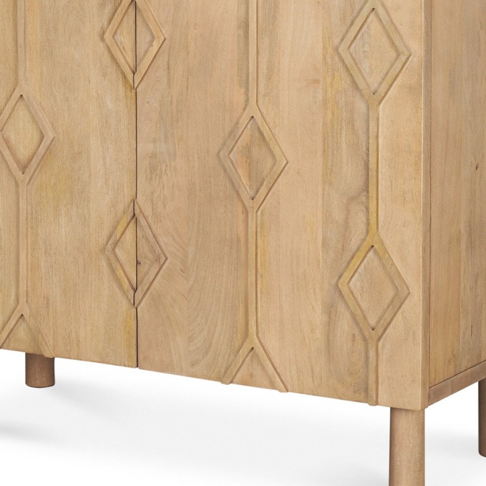 36" Natural Solid Wood Carved Geometric Accent Cabinet With Two Doors HomeRoots
