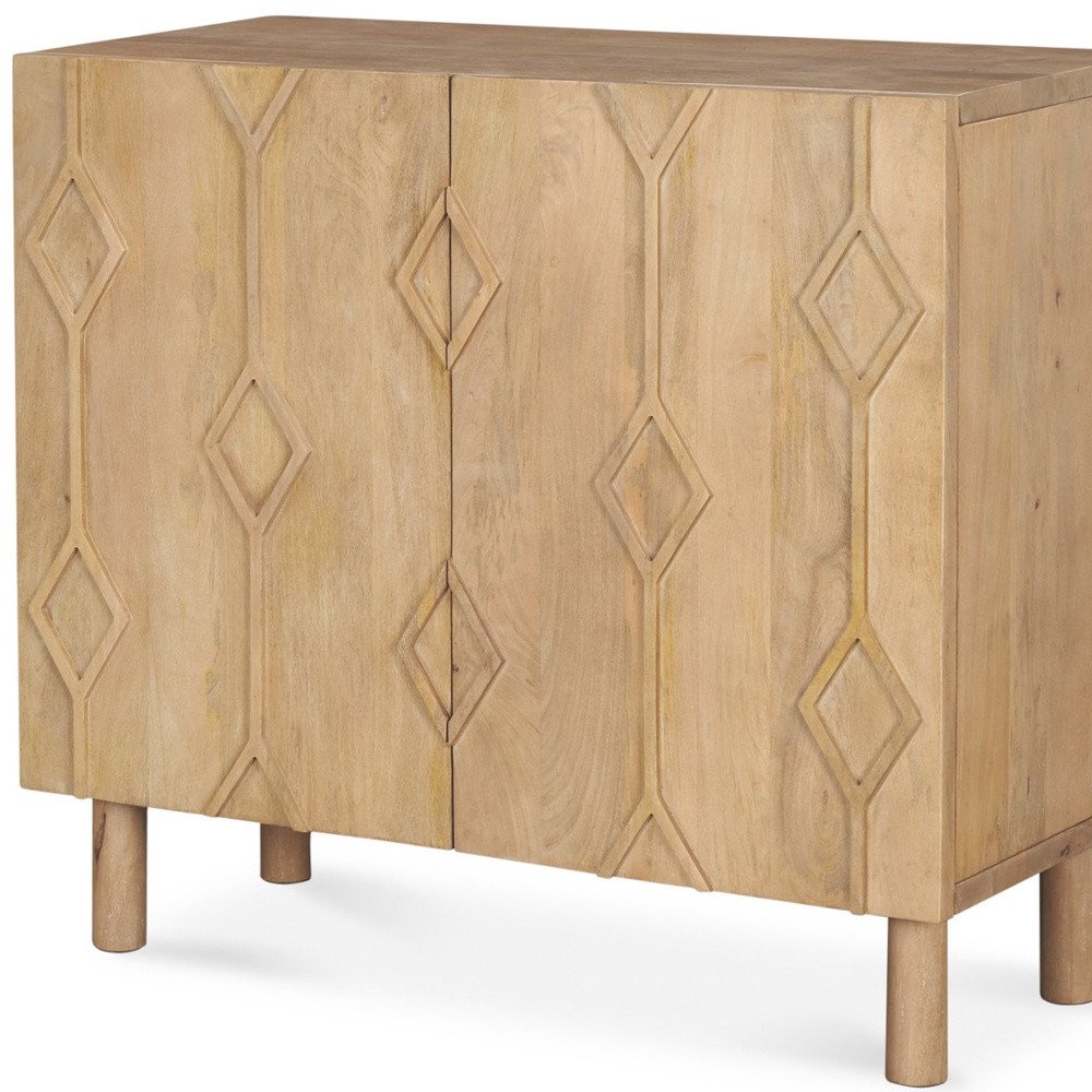36" Natural Solid Wood Carved Geometric Accent Cabinet With Two Doors HomeRoots