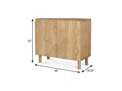 36" Natural Solid Wood Carved Geometric Accent Cabinet With Two Doors HomeRoots