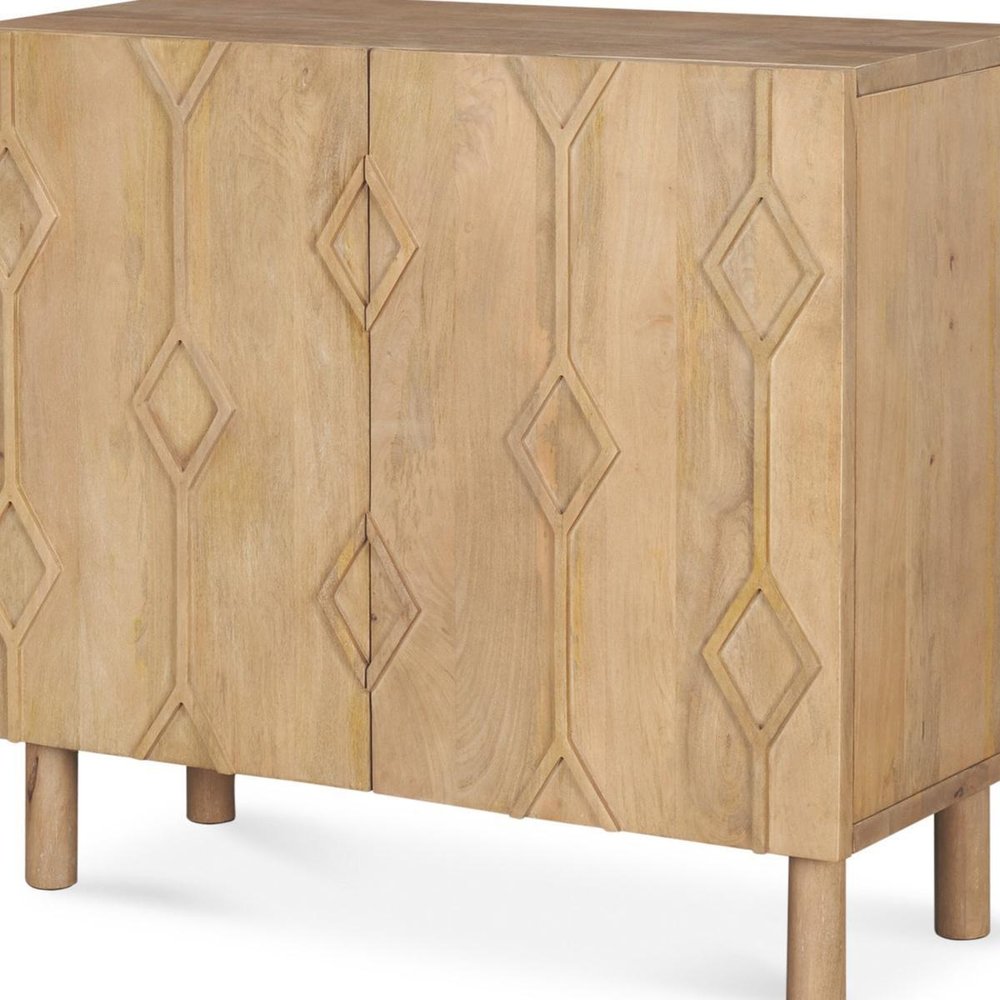 36" Natural Solid Wood Carved Geometric Accent Cabinet With Two Doors HomeRoots