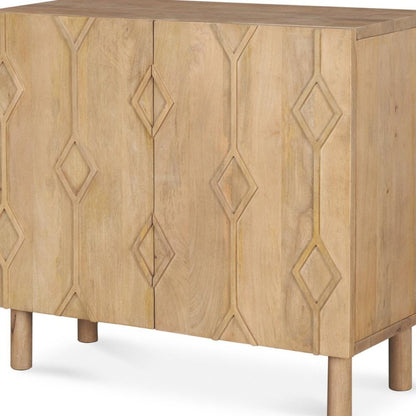 36" Natural Solid Wood Carved Geometric Accent Cabinet With Two Doors HomeRoots