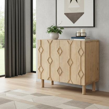 36" Natural Solid Wood Carved Geometric Accent Cabinet With Two Doors HomeRoots