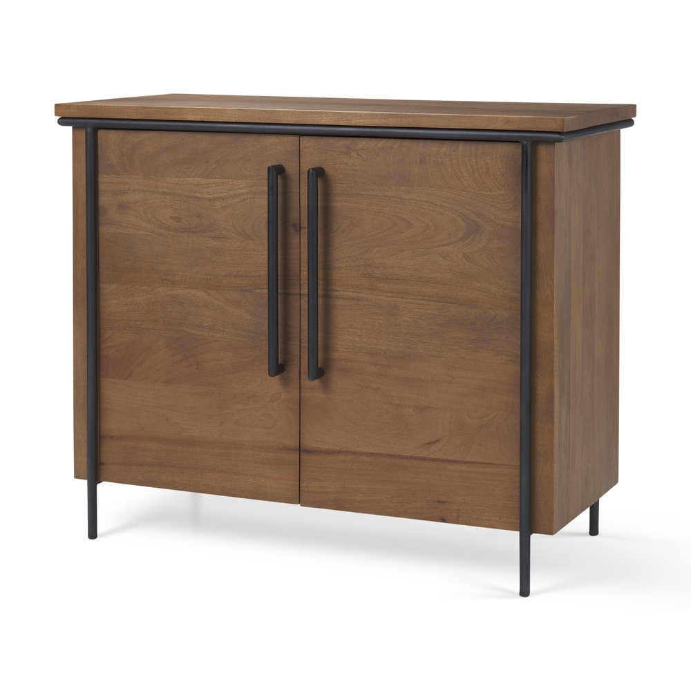 40" Brown and Black Solid Wood and Metal Accent Cabinet With Two Doors HomeRoots
