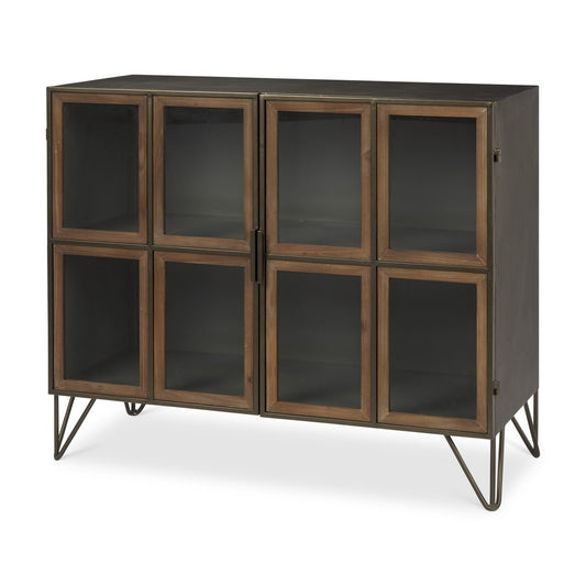 37" Antiqued Brass and Brown Metal and Solid Wood Accent Cabinet With Two Doors