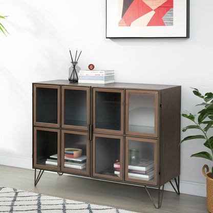 37" Antiqued Brass and Brown Metal and Solid Wood Accent Cabinet With Two Doors HomeRoots