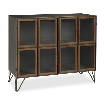 37" Antiqued Brass and Brown Metal and Solid Wood Accent Cabinet With Two Doors HomeRoots