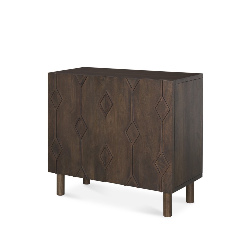 36" Dark Brown Solid Wood Carved Geometric Accent Cabinet With Two Doors HomeRoots