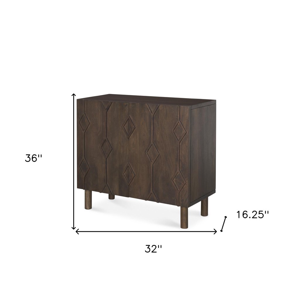 36" Dark Brown Solid Wood Carved Geometric Accent Cabinet With Two Doors HomeRoots