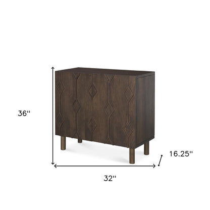 36" Dark Brown Solid Wood Carved Geometric Accent Cabinet With Two Doors HomeRoots