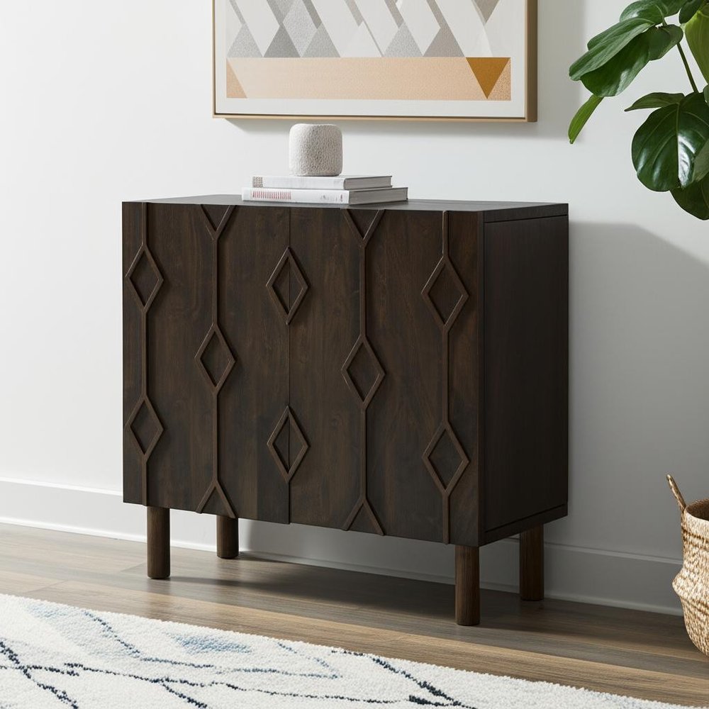 36" Dark Brown Solid Wood Carved Geometric Accent Cabinet With Two Doors HomeRoots