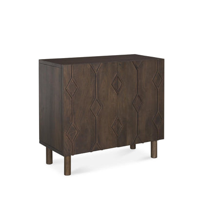 36" Dark Brown Solid Wood Carved Geometric Accent Cabinet With Two Doors HomeRoots