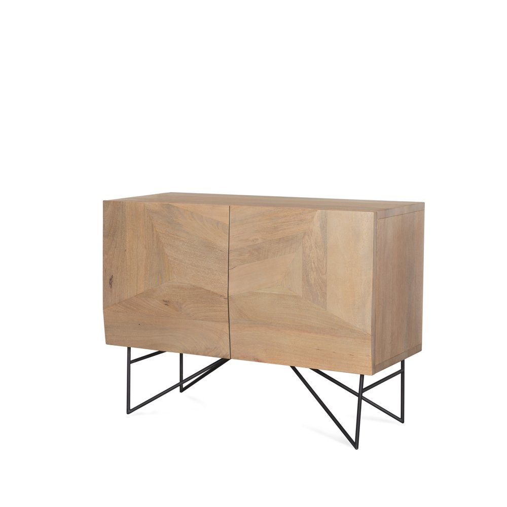 44" Natural and Black Solid Wood and Metal Carved Geometric Accent Cabinet With Two Doors HomeRoots