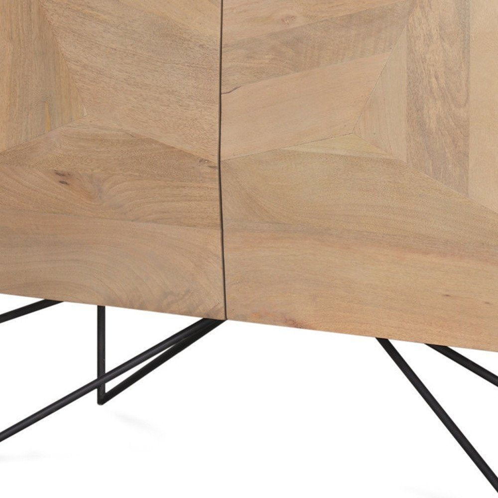 44" Natural and Black Solid Wood and Metal Carved Geometric Accent Cabinet With Two Doors HomeRoots