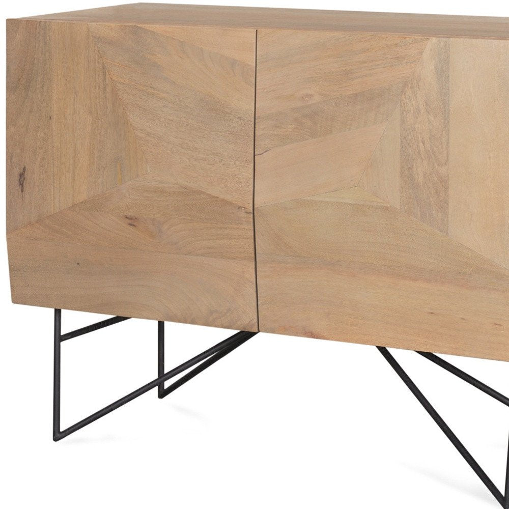 44" Natural and Black Solid Wood and Metal Carved Geometric Accent Cabinet With Two Doors HomeRoots