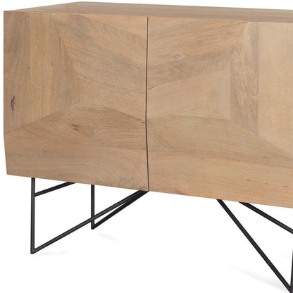 44" Natural and Black Solid Wood and Metal Carved Geometric Accent Cabinet With Two Doors HomeRoots