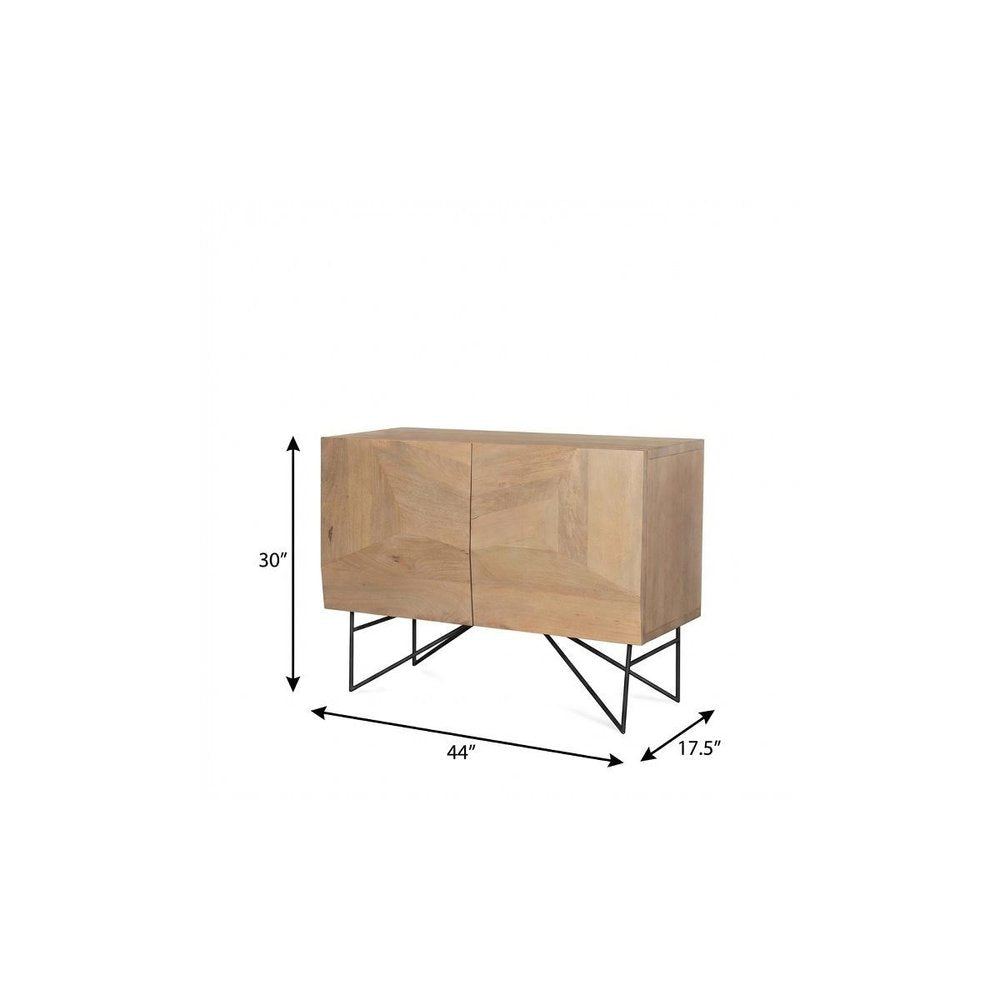 44" Natural and Black Solid Wood and Metal Carved Geometric Accent Cabinet With Two Doors HomeRoots